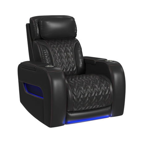 Prime Time P3 Recliner with LED and wireless charger pocket in Jett Black with Red Stitching - Tampa Furniture Outlet