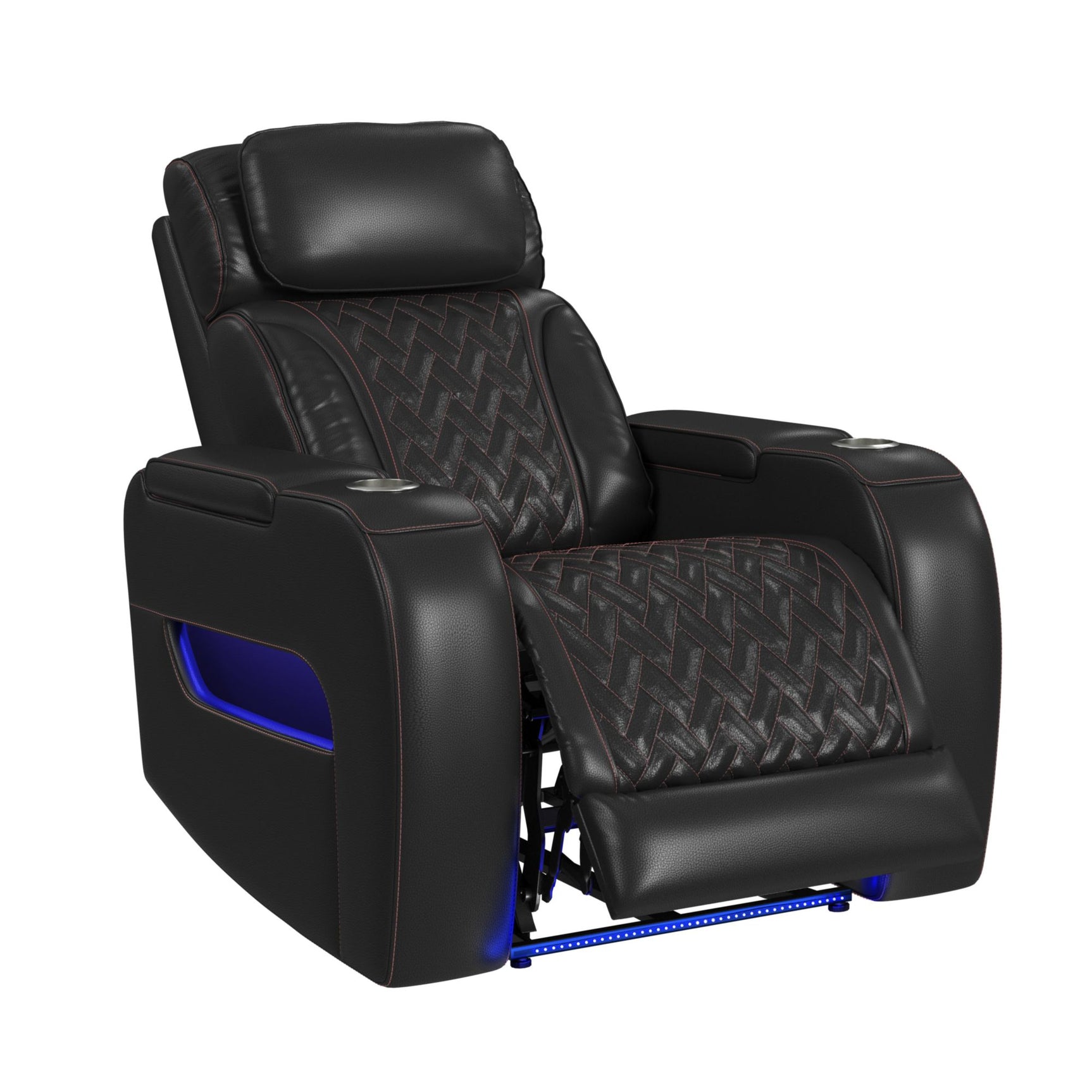 Prime Time P3 Recliner with LED and wireless charger pocket in Jett Black with Red Stitching - Tampa Furniture Outlet