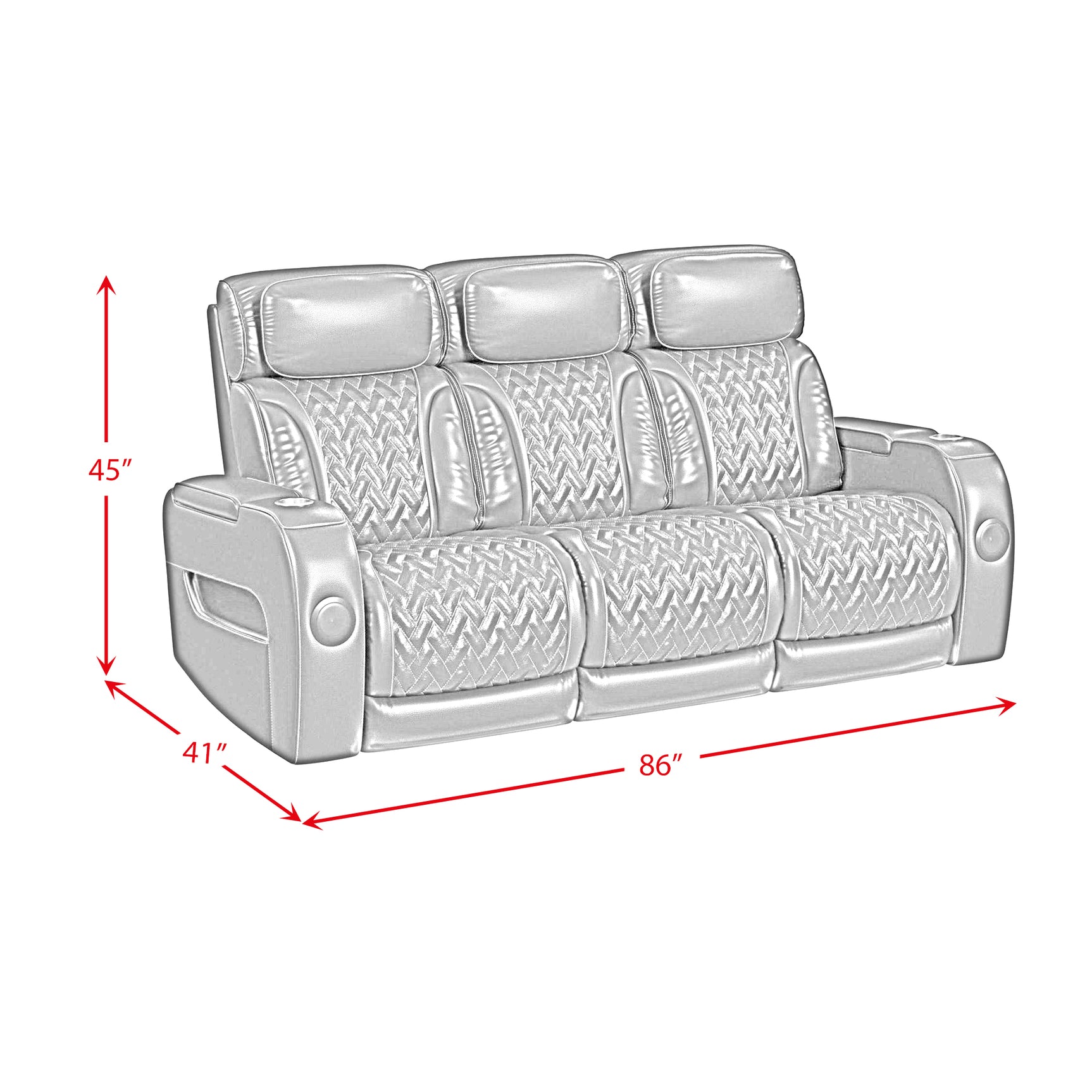 Prime Time P3 Sofa with I Table, reading light, heat, massage, LED, and speaker in Jett Black with Red Stitching - Tampa Furniture Outlet