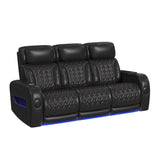 Prime Time P3 Sofa with I Table, reading light, heat, massage, LED, and speaker in Jett Black with Red Stitching - Tampa Furniture Outlet