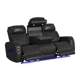 Prime Time P3 Sofa with I Table, reading light, heat, massage, LED, and speaker in Jett Black with Red Stitching - Tampa Furniture Outlet