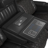 Prime Time P3 Sofa with I Table, reading light, heat, massage, LED, and speaker in Jett Black with Red Stitching - Tampa Furniture Outlet