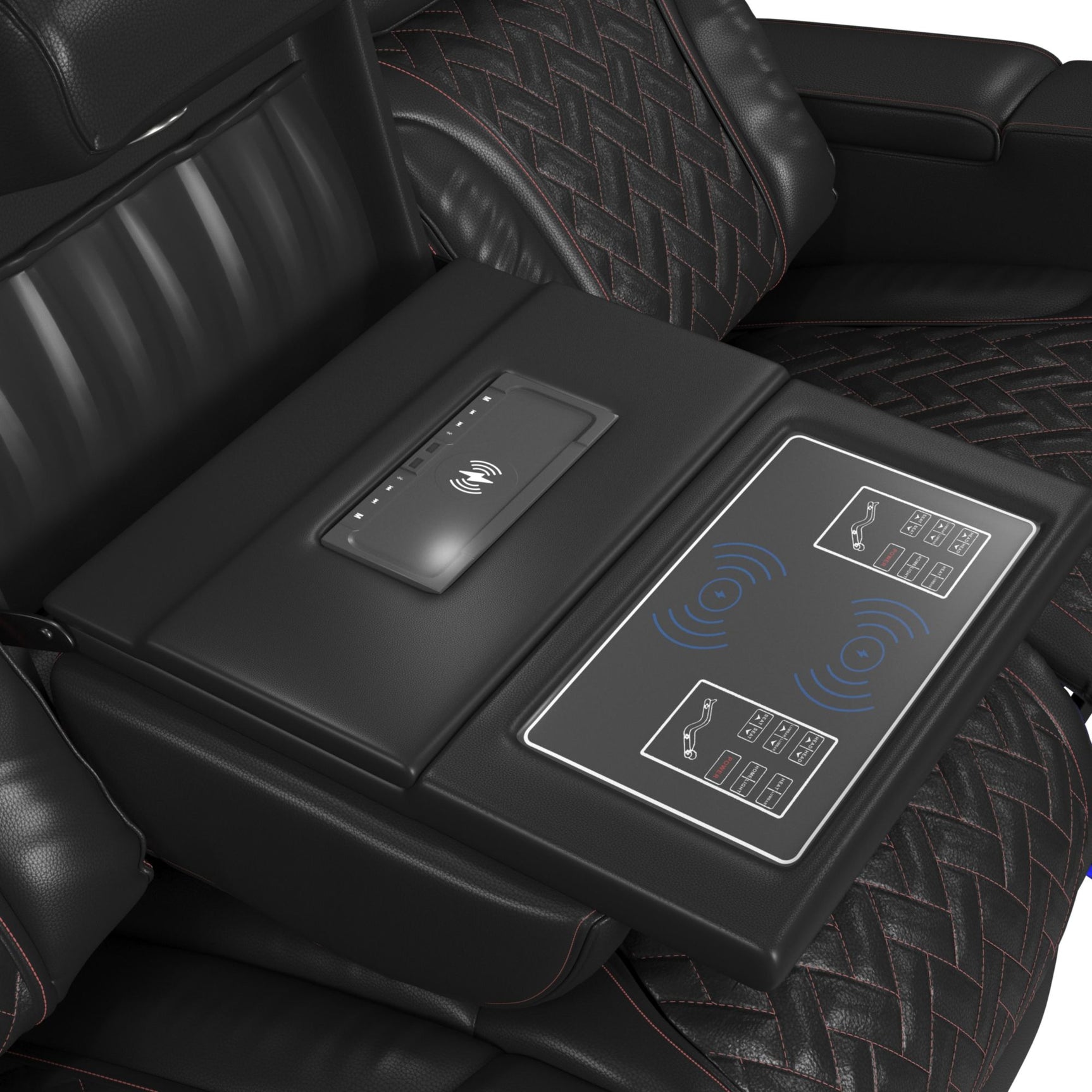 Prime Time P3 Sofa with I Table, reading light, heat, massage, LED, and speaker in Jett Black with Red Stitching - Tampa Furniture Outlet