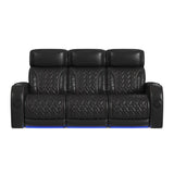 Prime Time P3 Sofa with I Table, reading light, heat, massage, LED, and speaker in Jett Black with Red Stitching - Tampa Furniture Outlet