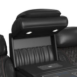 Prime Time P3 Sofa with I Table, reading light, heat, massage, LED, and speaker in Jett Black with Red Stitching - Tampa Furniture Outlet