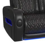 Prime Time P3 Sofa with I Table, reading light, heat, massage, LED, and speaker in Jett Black with Red Stitching - Tampa Furniture Outlet