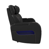 Prime Time P3 Sofa with I Table, reading light, heat, massage, LED, and speaker in Jett Black with Red Stitching - Tampa Furniture Outlet