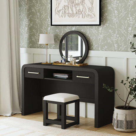 Ridgemont Dressing Stool with White Fabric in Black with Grain – SKU V-14440-8W-DST | Elements
