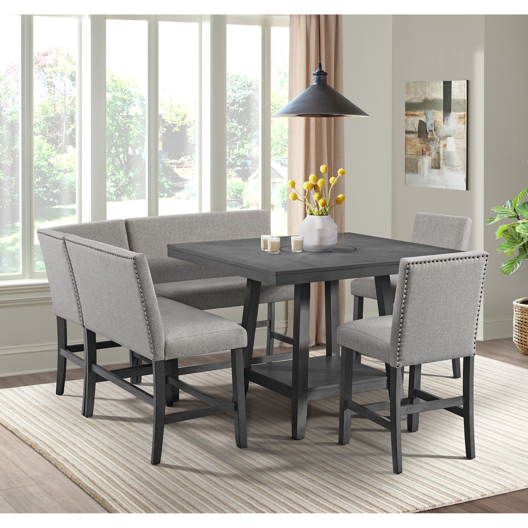 Seneca Counter Bench with Upholstered Back and Grey Fabric in Grey - Tampa Furniture Outlet