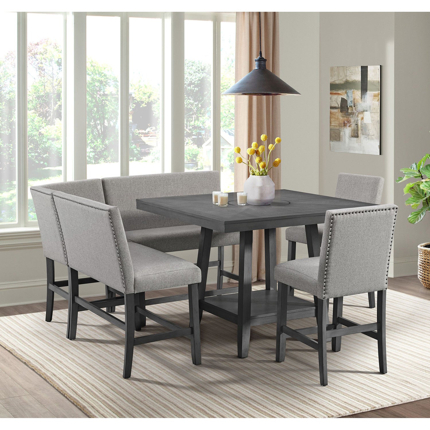 Seneca Counter Corner Bench with Upholstered Back and Grey Fabric in Grey - Tampa Furniture Outlet