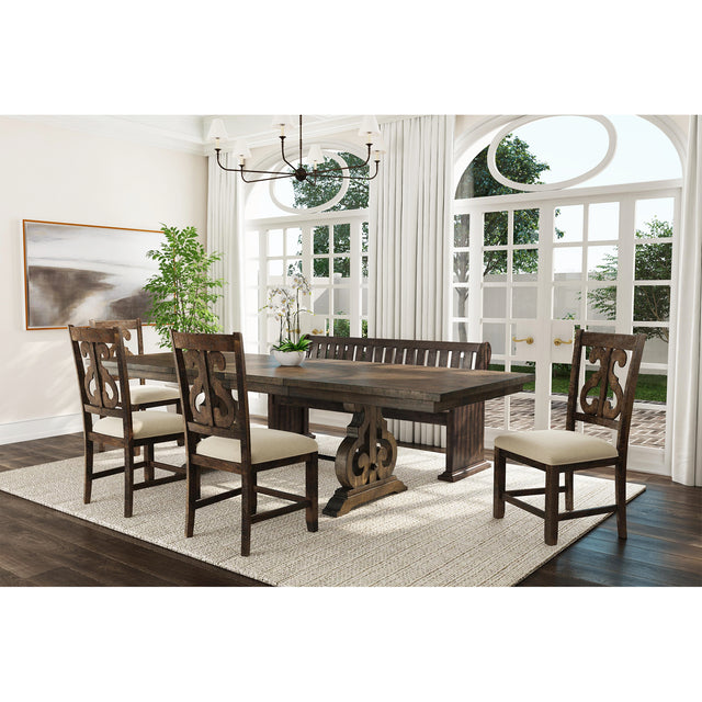 Stone 6PC Dining Set in Charcoal - Table, 4 Wooden Swril Back Side Chairs, & Pew Bench – SKU DST150SB6PC | Elements