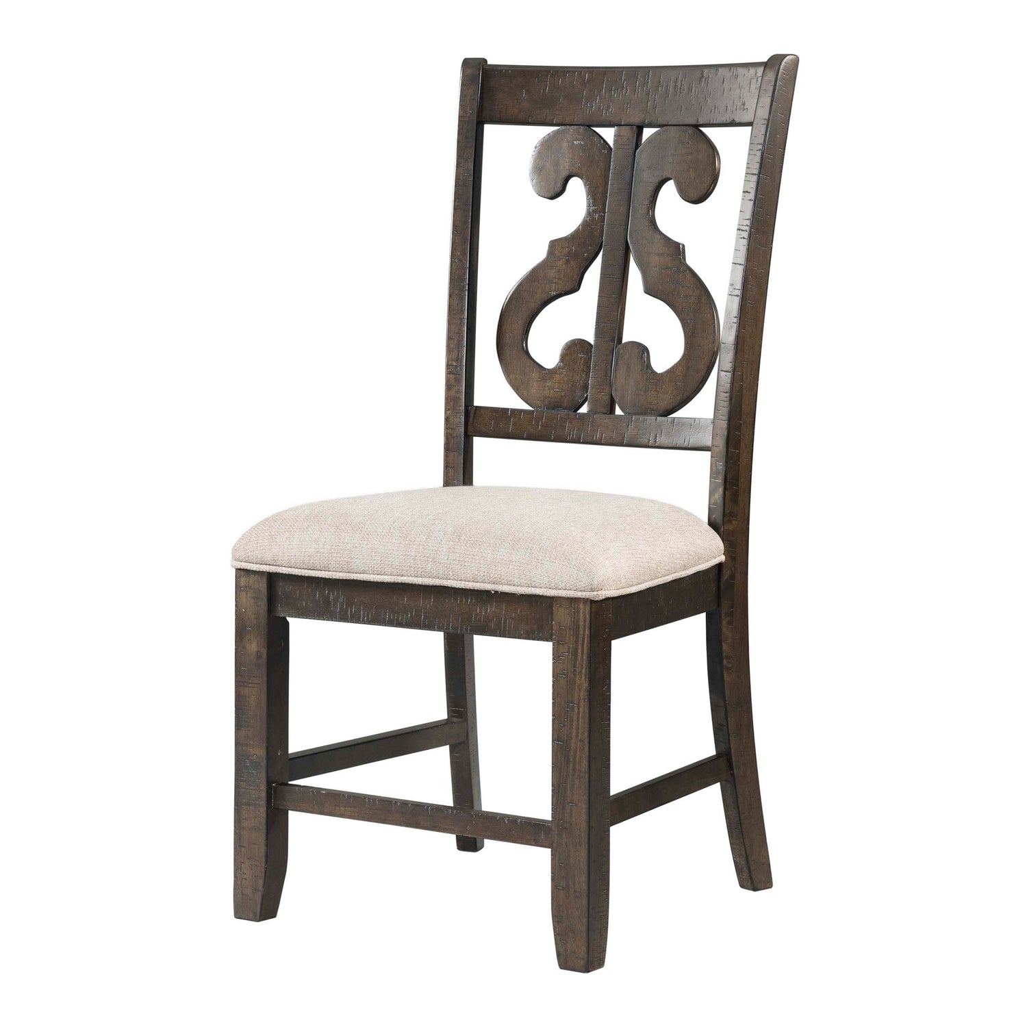 Stone 6PC Dining Set in Charcoal - Table, 4 Wooden Swril Back Side Chairs, & Pew Bench - Tampa Furniture Outlet
