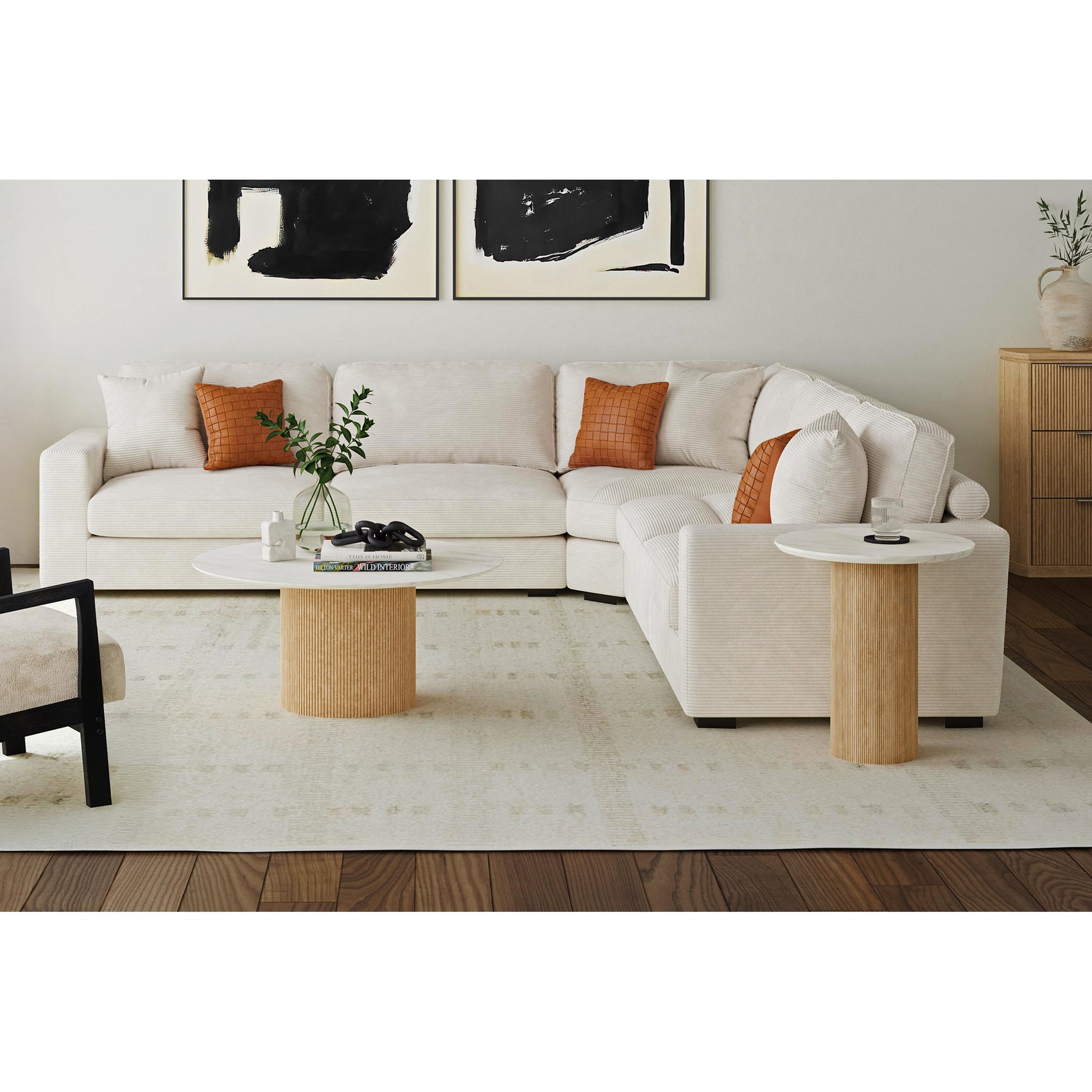 Sylvie Round End Table with White Faux Marble Top and Base in Natural - Tampa Furniture Outlet