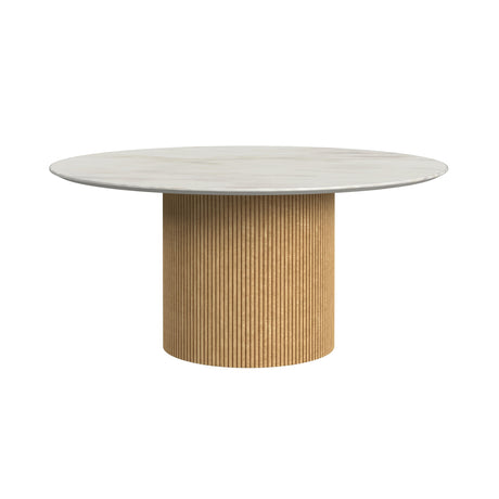 Sylvie Round Coffee Table with White Faux Marble Top and Base in Natural