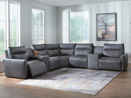 Tampa Furniture Outlet - Ashley Furniture - ModZ Sectional - 7-Piece Power Reclining Sectional with Audio Consoles / Blue - U14001S8