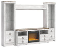 Tampa Furniture Outlet - Ashley Furniture - Willowton 4-Piece Entertainment Center with Electric Fireplace - 4-Piece Entertainment Center with Electric Fireplace / Whitewash - W267W4