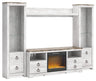 Tampa Furniture Outlet - Ashley Furniture - Willowton 4-Piece Entertainment Center with Electric Fireplace - 4-Piece Entertainment Center with Electric Fireplace / Whitewash - W267W4