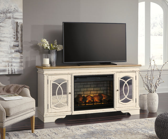 Tampa Furniture Outlet - Ashley Furniture - Realyn 74" TV Stand with Electric Fireplace - 74" TV Stand with Electric Fireplace / Chipped White - W743W2