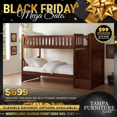 Black Friday Elegant Twin Over Twin Bunk Bed with Staircase Storage - Tampa Furniture Outlet