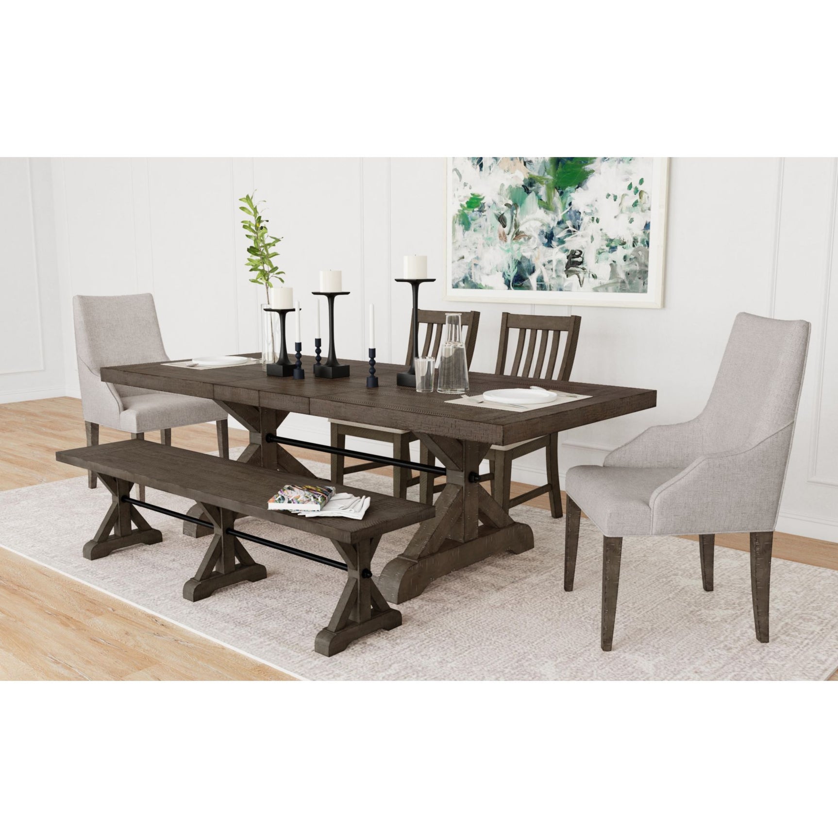 Yellowstone Dining Bench with Metal Bar cross in Medium Brown – SKU D-12830-3-BN | Elements