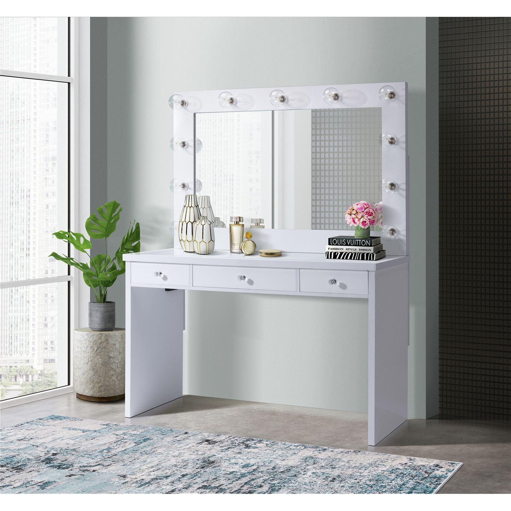 Ariana - Complete Vanity With Lightbulbs - Glossy White - Tampa Furniture Outlet