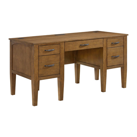Portico - Half Pedestal Desk With Power / USB - Brown Oak - Tampa Furniture Outlet