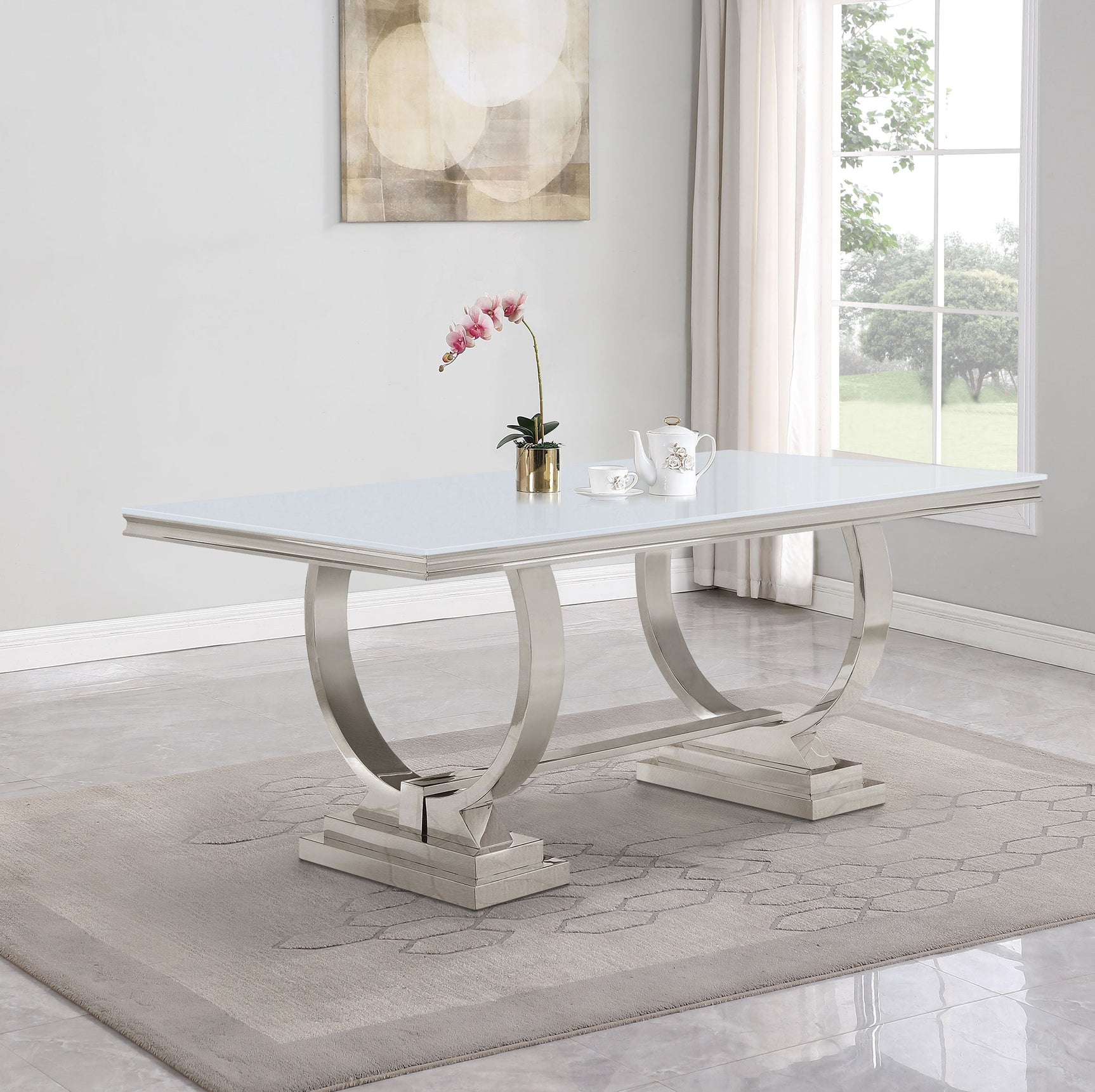 Antoine Rectangular 95-inch Glass Top Dining Table White - Tampa Furniture Outlet
