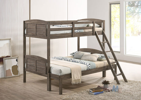 Flynn Wood Twin Over Full Bunk Bed with Mattress Weathered Brown