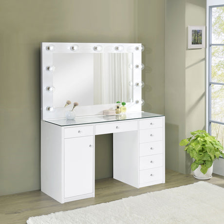 Acena 7-drawer Vanity Set with Lighting White High Gloss - Tampa Furniture Outlet