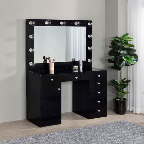 Acena 7-drawer Vanity Set with Lighting Black High Gloss - Tampa Furniture Outlet