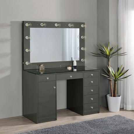 Acena 7-drawer Vanity Set with Lighting Grey High Gloss - Tampa Furniture Outlet