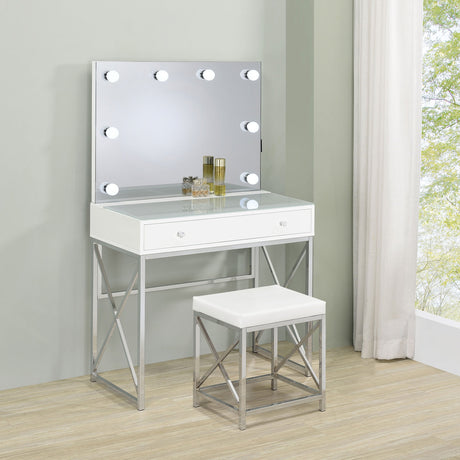 Eliza Vanity Set with Lighting & Stool White and Chrome - Tampa Furniture Outlet