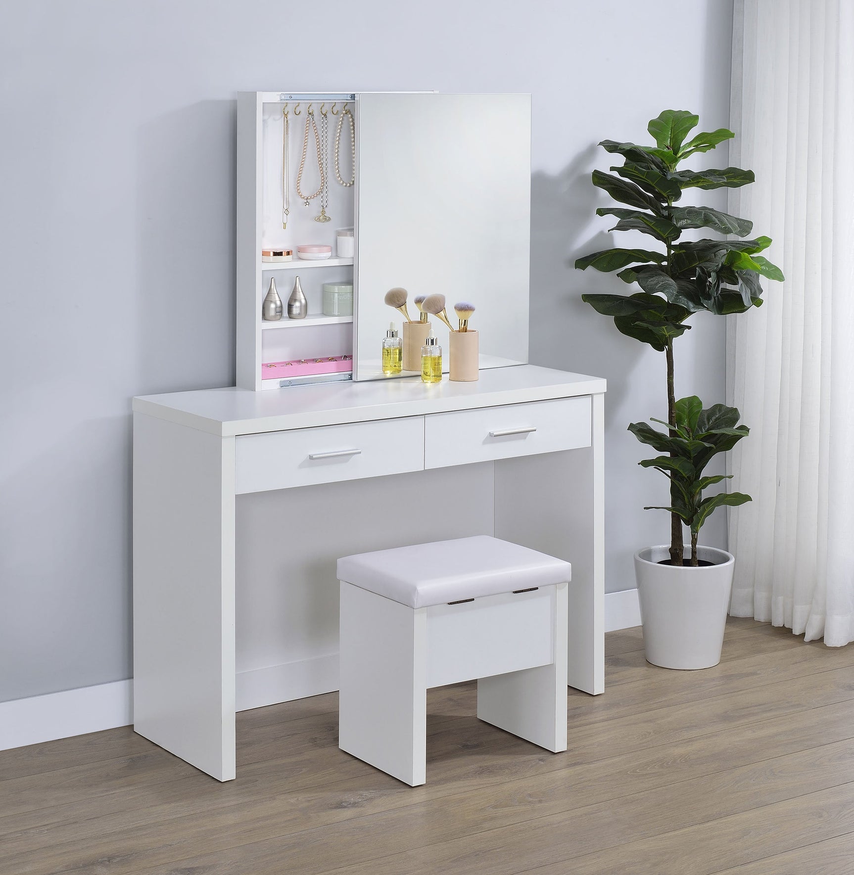 Bunbury Makeup Vanity Table Set Storage Mirror and Stool White - Tampa Furniture Outlet