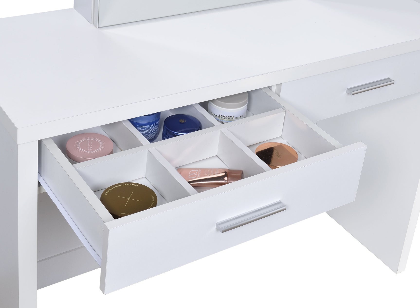 Bunbury Makeup Vanity Table Set Storage Mirror and Stool White - Tampa Furniture Outlet