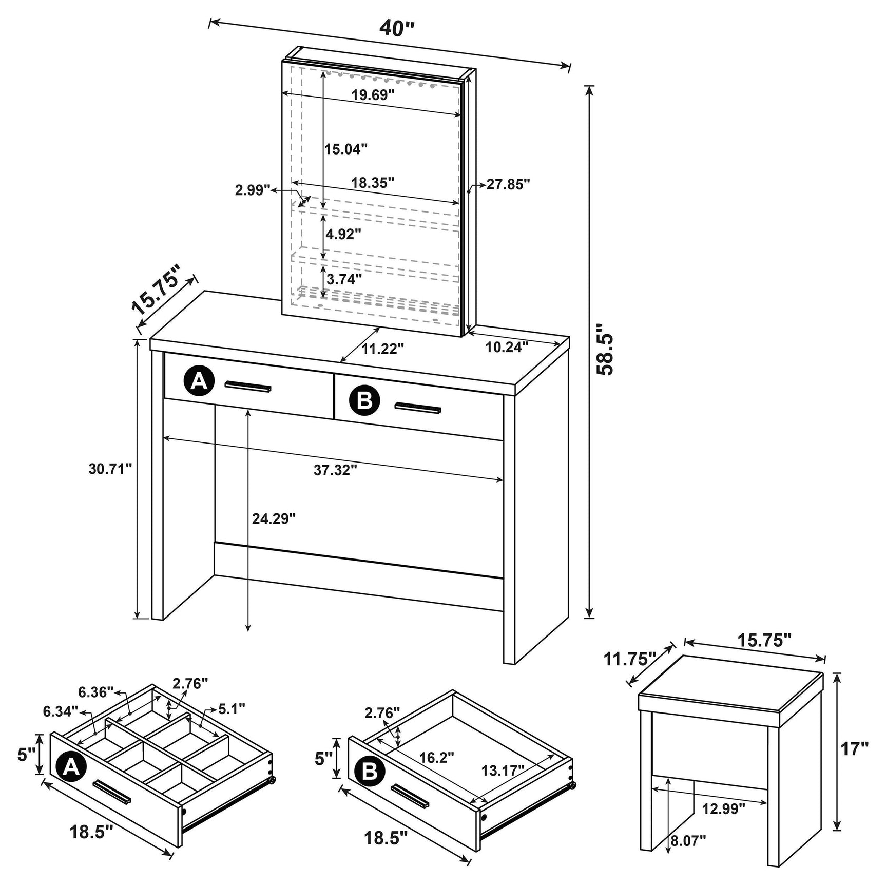 Bunbury Makeup Vanity Table Set Storage Mirror and Stool White - Tampa Furniture Outlet