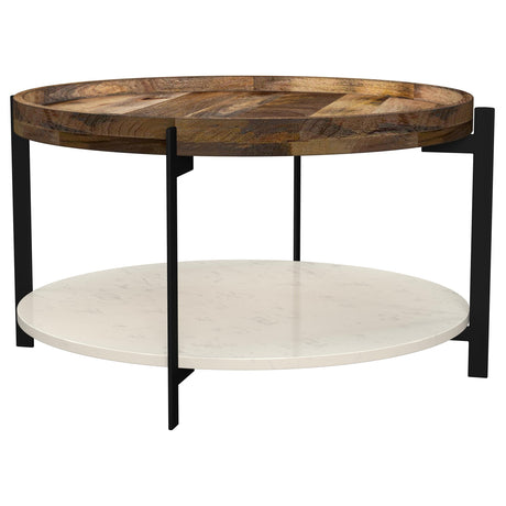 Adhvik Round Wood Top Marble Shelf Coffee Table Natural - Tampa Furniture Outlet