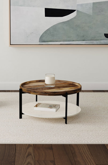 Adhvik Round Wood Top Marble Shelf Coffee Table Natural - Tampa Furniture Outlet