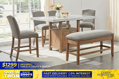 TABLE, 6 CHAIRS AND BENCH - Tampa Furniture Outlet